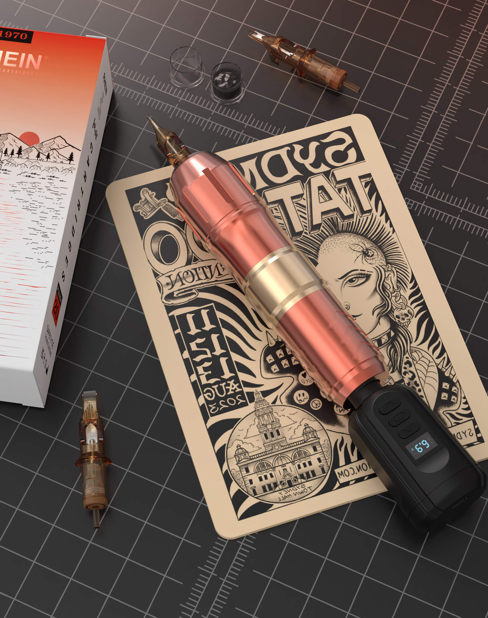 RHEIN Kit Tatouage Sans Fil – 2 Batteries 1500mAh, 20 Cartouches, Performance Pro