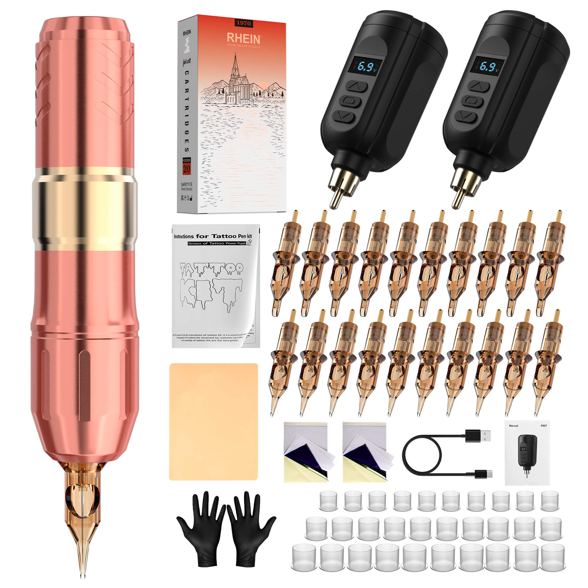 RHEIN Kit Tatouage Sans Fil – 2 Batteries 1500mAh, 20 Cartouches, Performance Pro